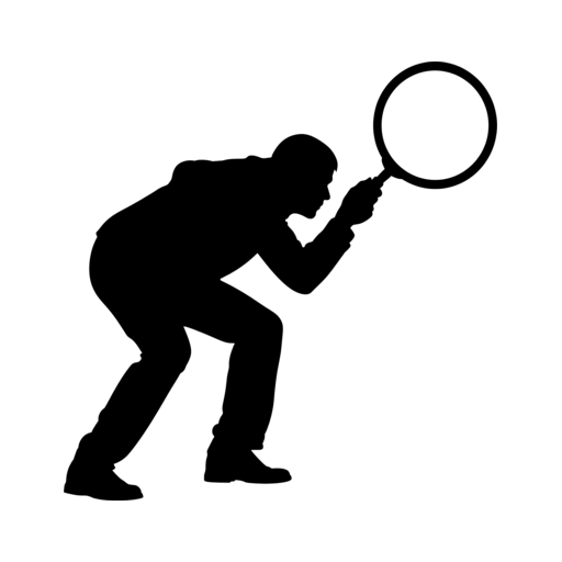 A figure bent forward, peering through a large magnifying glass.