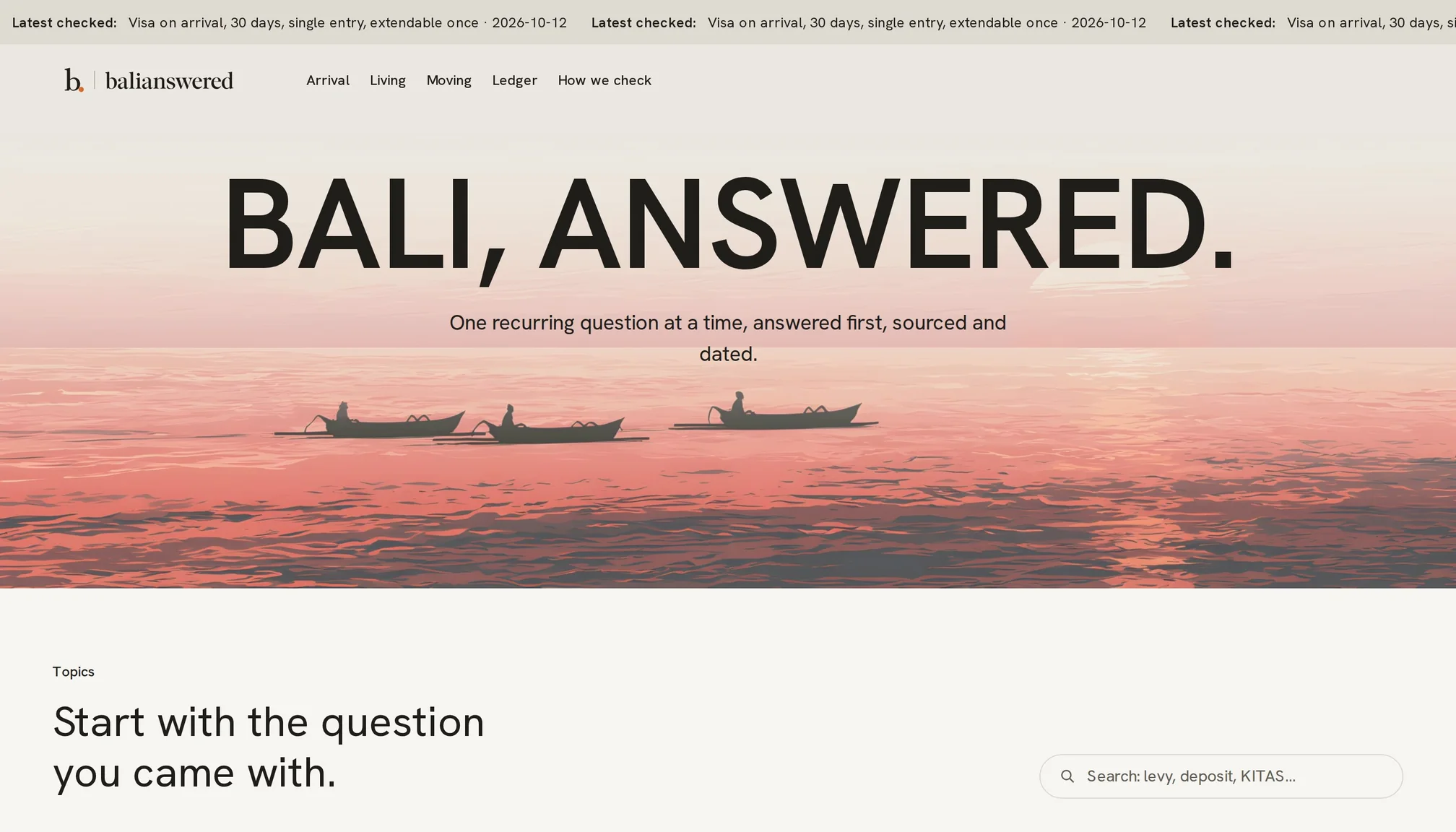 The Balianswered home page: Bali, answered, over a sunset with three jukung boats.