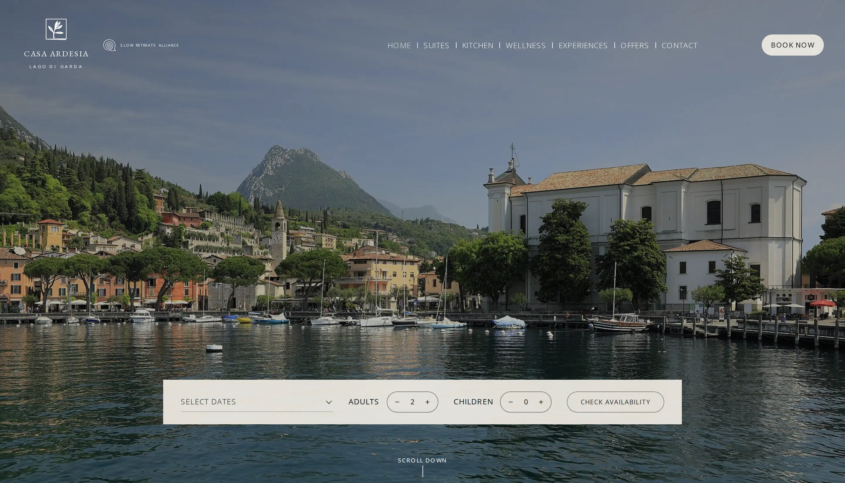 The Casa Ardesia draft's opening screen on a desktop: a harbour on Lake Garda under the mountains, with the booking bar below.