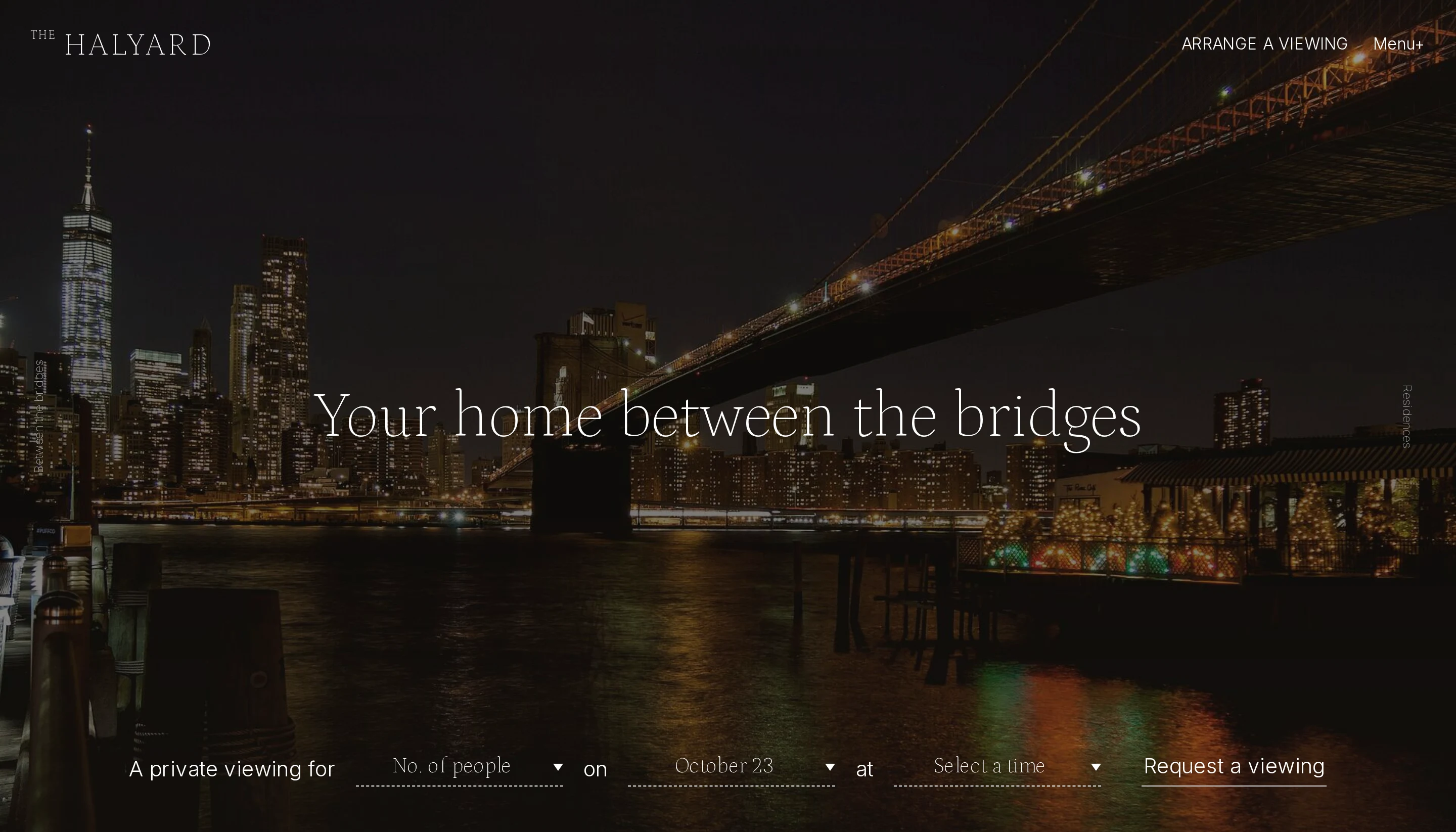 The Halyard draft's opening screen on a desktop: Your home between the bridges, over the East River at night, with the viewing request below.