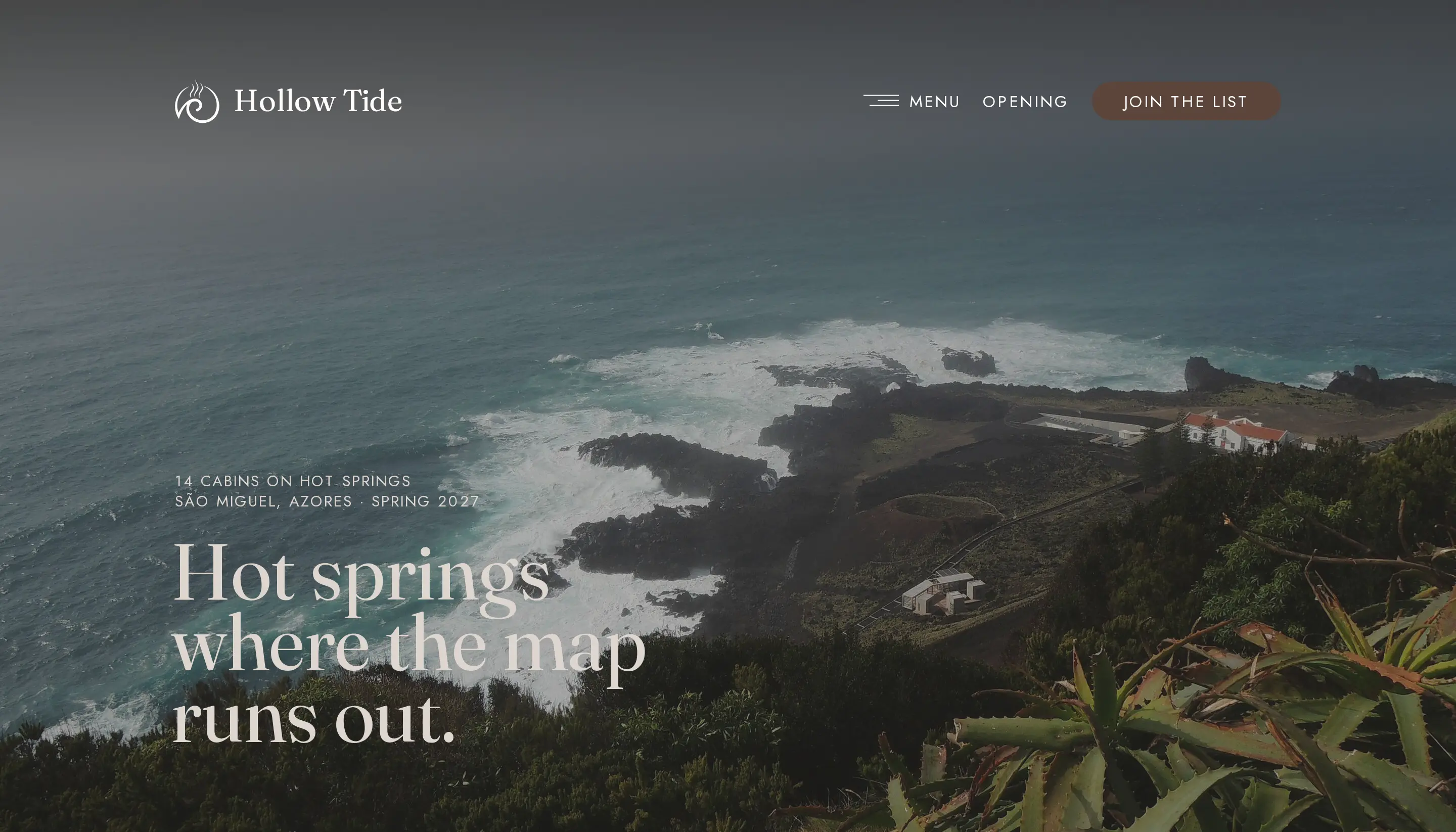 The Hollow Tide draft's opening screen on a desktop: Hot springs where the map runs out, over a volcanic coastline and the sea.