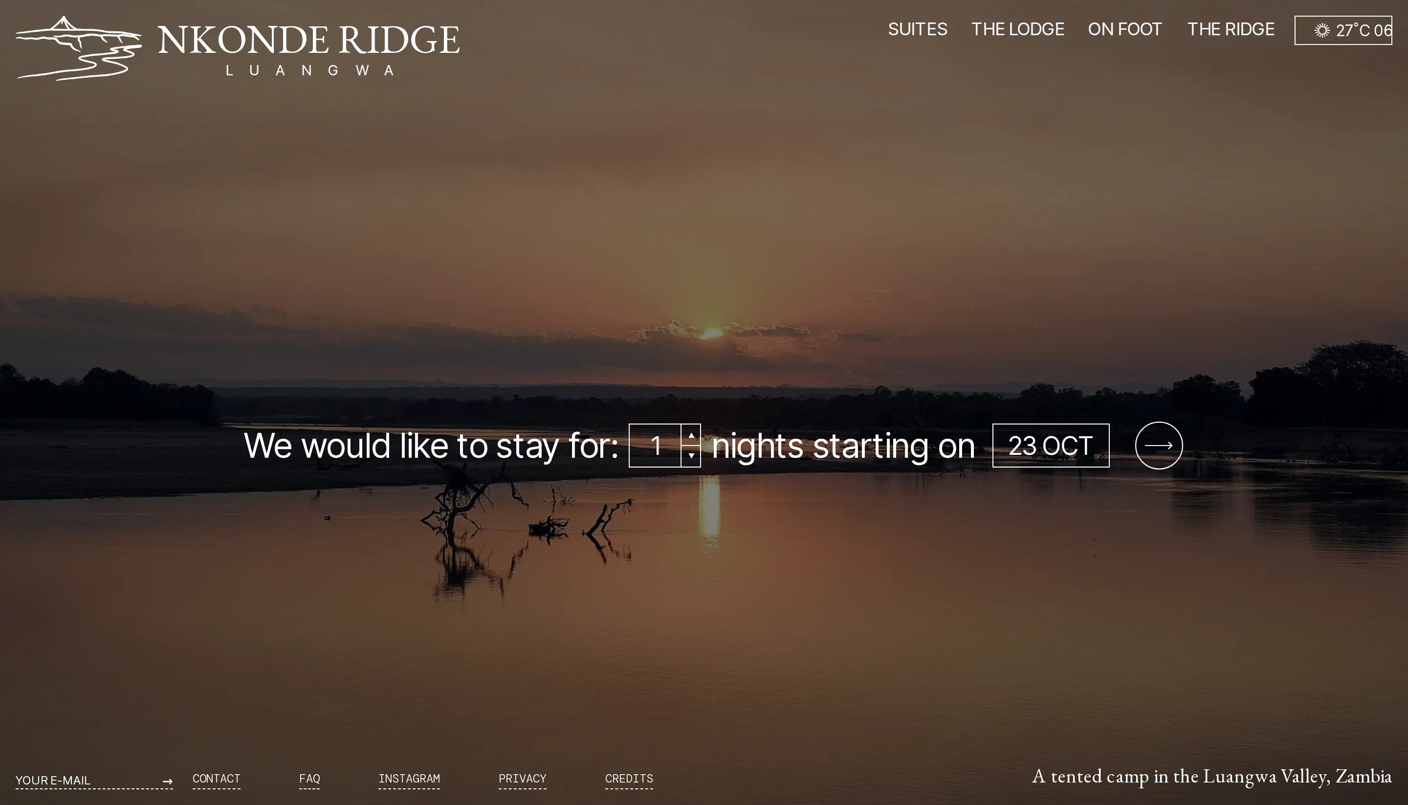 The Nkonde Ridge draft's opening screen on a desktop: a tented camp at dusk over the Luangwa river, with the stay-length line.