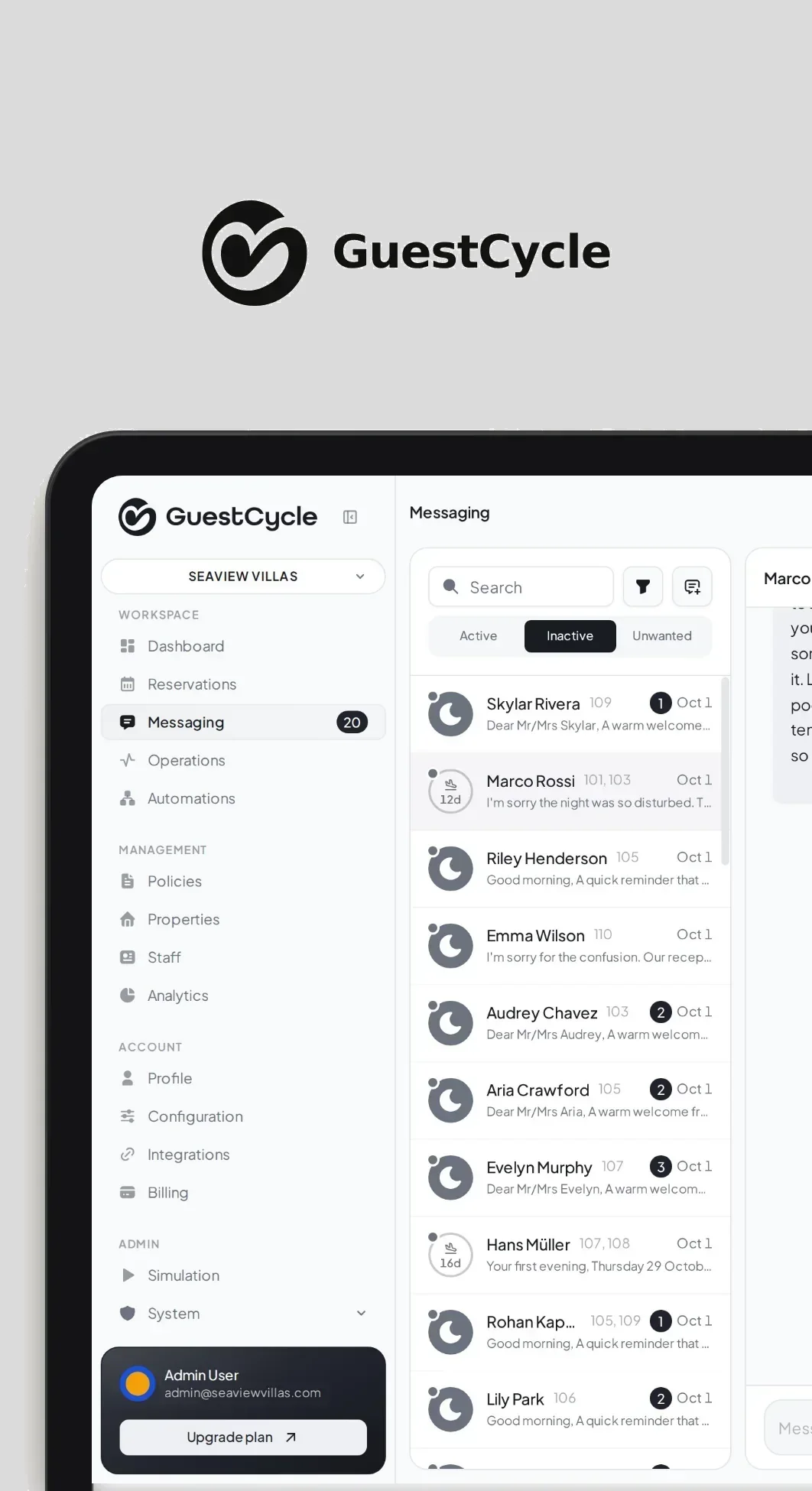 The GuestCycle messaging screen on a tablet: the conversation list beside a guest thread.